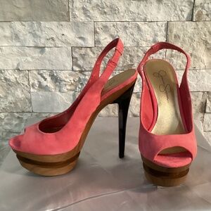 Jessica Simpson "Cinna" Platform Slingback Pumps in a pink/coral suede